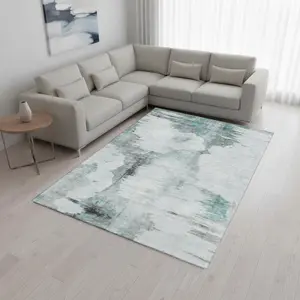 HomeRoots 657238 9 x 12 ft. Teal, Gray & Ivory Abstract Transitional Washable Machine Made Rectangle Area Rug with UV Protection