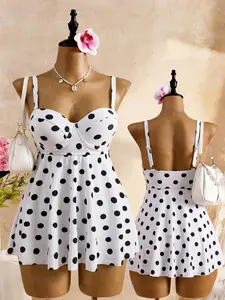 Polka Dot Tankini Dress Swimsuit, Push-Up Belly Conceal Slimming Conservative Hot Spring Swimwear, Women's Fashion Bathing Suit, Summer Swimsuit