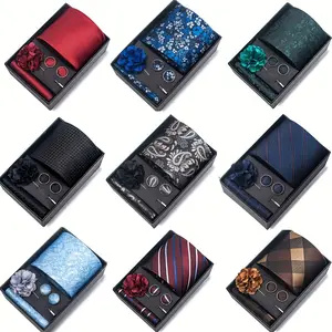 [Business Tie Set] 4pcs/set Men's Tie Set | Business Wedding Party Solid Striped Paisley Necktie&Pocket square Cufflink Lape Pin In Gift Box - Ideal Choice for Gift