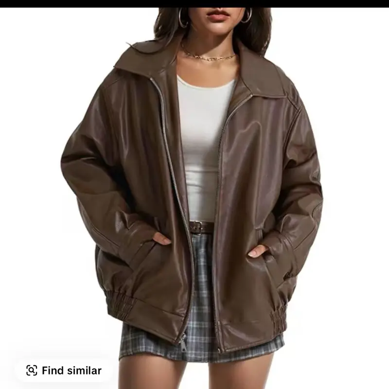 Langwyqu Womens Faux Leather Jacket Oversized Zip Up Bomber Motorcycle Jacket Trendy Fall Winter Clothes S-XXL