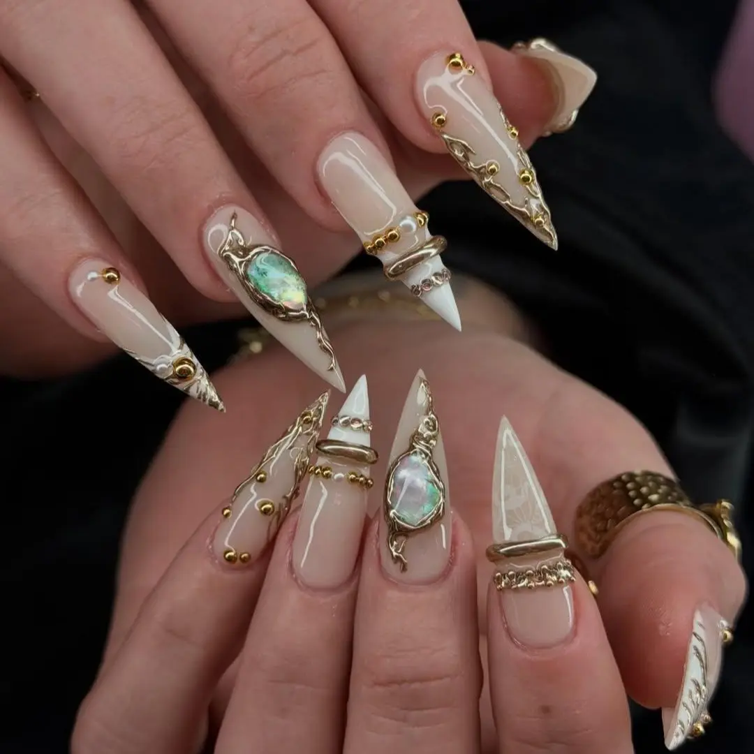 Nude Gold Opal Press On Nails | Luxury Stiletto Ring Nails | Handmade Couture Nails