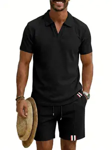 Men's Summer Fashion Polo Set, Loose-Waffle Knit Short Sleeve Top & Shorts, Casual Streetwear, Solid Color, No Zipper, Collar Design