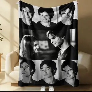 The Vampire Diaries Damon Salvatore Flannel Throw Blanket, Black and White TV Show Character Print Soft Cozy Blanket for Fans, Kids Teens Adults, Perfect for Couch Bed Office Travel, Soft Warm Blanket (Multiple Sizes Available)
