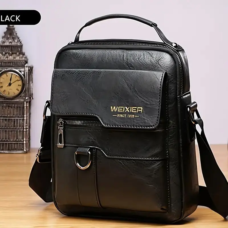 Men's Vintage PU Leather Messenger Bag, Business Casual Crossbody Satchel with Top Handle, Adjustable Strap for Work Travel, Magnetic Snap, High-Capacity, Birthday, Classic, Minimalist Decluttering, Hangable, Lightweigh(Halloween Gift Christmas Gift）, Lig