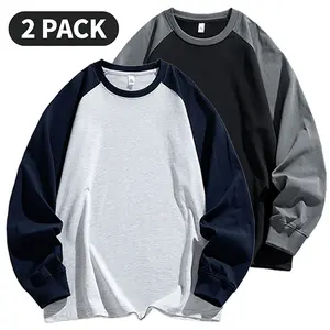 2-Pack Men’s Loose Fit Drop-Shoulder Colorblock Long Sleeve T-Shirt, Vintage Style, Casual and Versatile