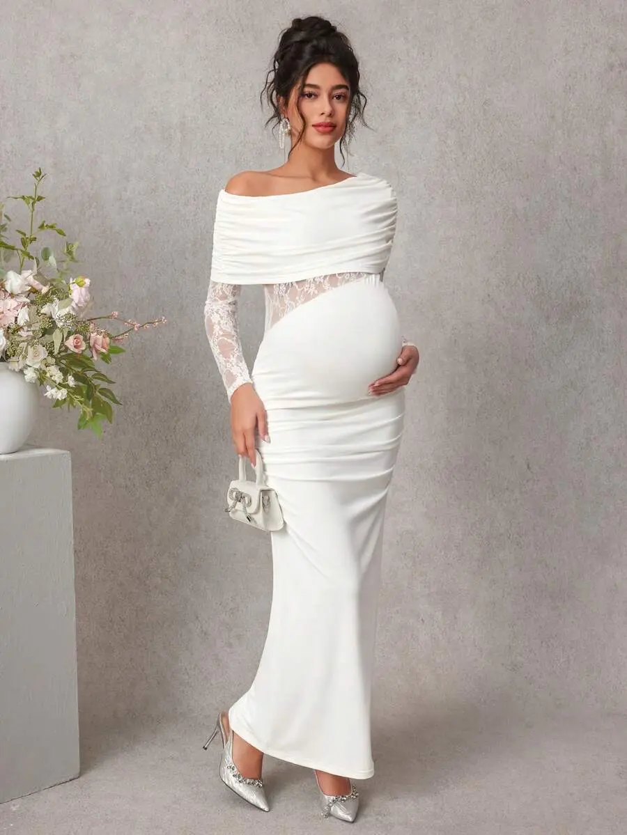 MaterniRIO Maternity Lace Patchwork White Dress, Long Sleeve Elegant Fitted Dress For Pregnant Women, Spring/Autumn Fall Maternity Photoshoot Fall