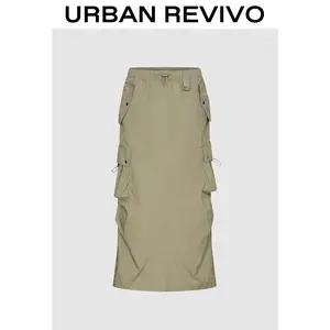 URBAN REVIVO Women's Utility-Style Patch Pocket Drawstring Skirt (UYV550045) - 2025 Trendy Fashion Basic Plain Lady's Comfortable, Versatile Everyday Bottom for Casual Outfits