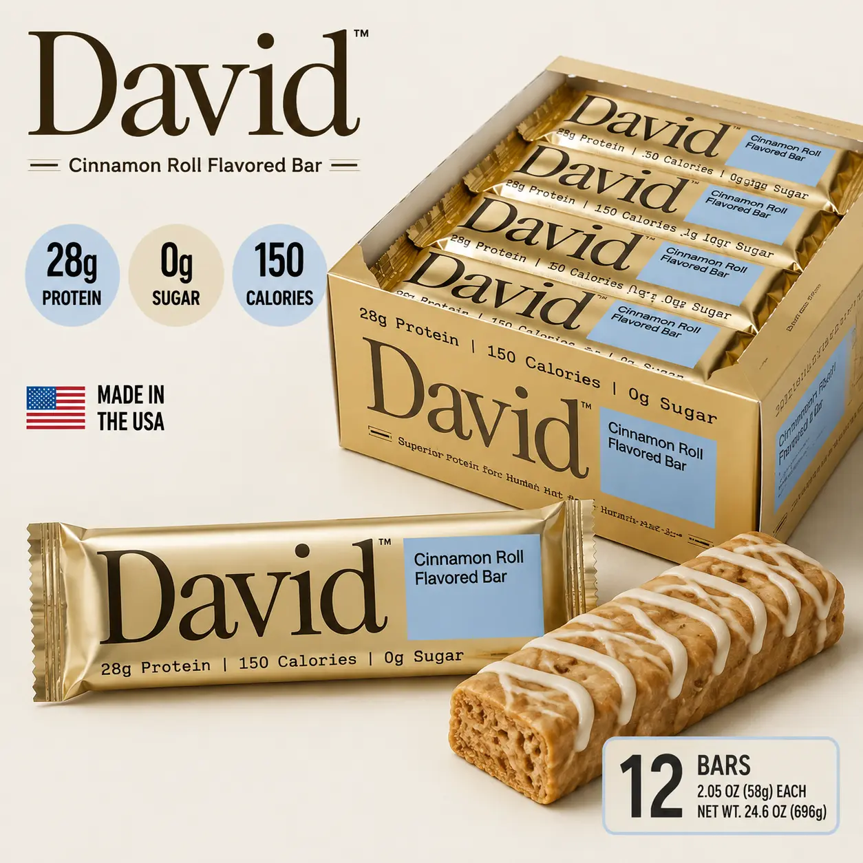 David High Protein Bar No Sugar Cinnamon Roll 2.05 oz 12 Count  Cinnamon Roll Flavor Protein Bars | Low Sugar Snack for Active Lifestyles