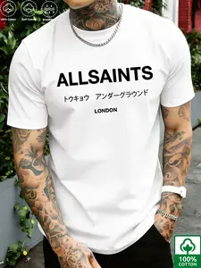 Allsaints Tokyo Underground Letter Print T-Shirt, Summer 100% Cotton Loose Half Sleeve, Casual Street Style Men's Top