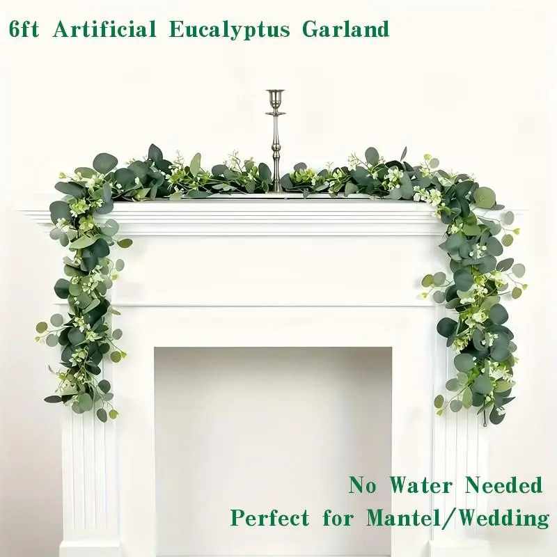 4 Pcs 6ft Artificial Eucalyptus Garland, Faux Eucalyptus Greenery with White Flowers, Faux Floral Garland, Fake Willow Vines for Wedding Arch Mantel Table Home Party Decor, Party Decoration