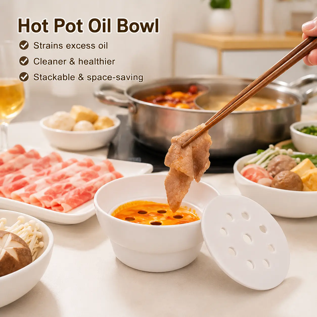 1-Count Multi-Functional Round Bowl with Perforated Strainer Tray - Thickened, Non-Slip, Stackable Kitchenware for Hot Pot, Casual Gatherings - Strainers for Kitchen, Grease Filter for Home Dining Use, Multi Functional Strainer