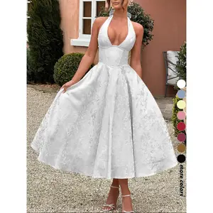 Fashion Elegant Chic Halter Lace-Up Embroidered Waist V-Neck Sleeveless Dress, Long Plain Party Gown, Evening Gown, Formal Wear, Fitted Style For Lady Women