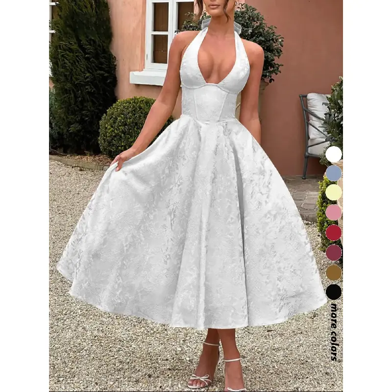 Women's Elegant V-Neck Halter Floor-Length Fitted Gown, Plain Sleeveless Formal Wear with Embroidered Waist & Lace-Up Back for Wedding Guest Dresses, Back Lace-Up, White Wedding Guest Dress