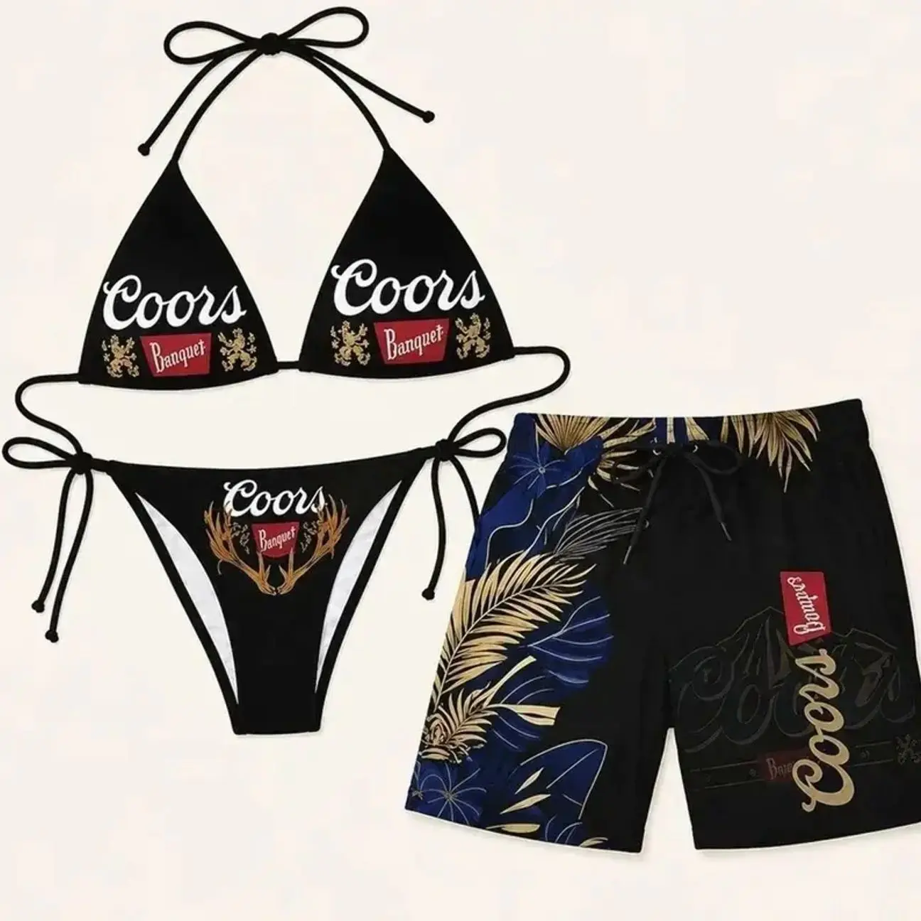 Women's Coors Lager Tropical Floral Bikini Set - Adjustable Straps, Brand Logo Detailing, Sports & Outdoor Swimwear M7D