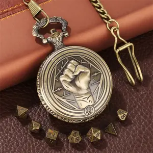 7pcs Mini Size Metal Steel Polyhedral Dice with Antique Monk Fist Pattern Round Pocket Watch Case plus Pendant Chain,Indoor Entertainment Tabletop Role-Playing Board Game Accessories,Metal Dice Set,Ideal Gift to Gaming Lover Fan