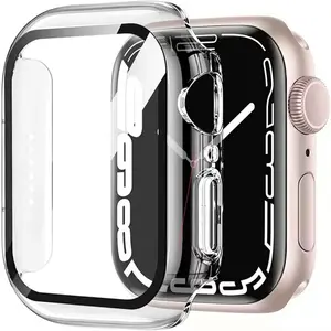 HANKN (2 Pack Hard PC Case with Button for Apple Watch Series 6 5 4 SE 40mm Tempered Glass Screen Protector Case, Full Coverage Ultra-thin Transparent Iwatch Bumper Cover (Clear+Clear, 40mm)