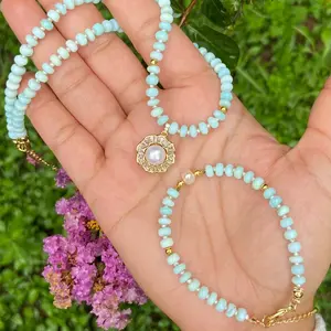 Light Blue Peruvian Opal & Pearl Charm Necklace/Bracelet Set- Jewelry Set- Natural Gemstone & Pearl
