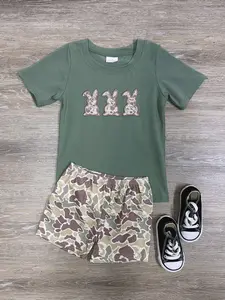 Bunny Squad Olive Camo Boys Shorts Outfit - Fun & Comfy Cotton/Poly Blend Set for Spring, Church, & Easter Play