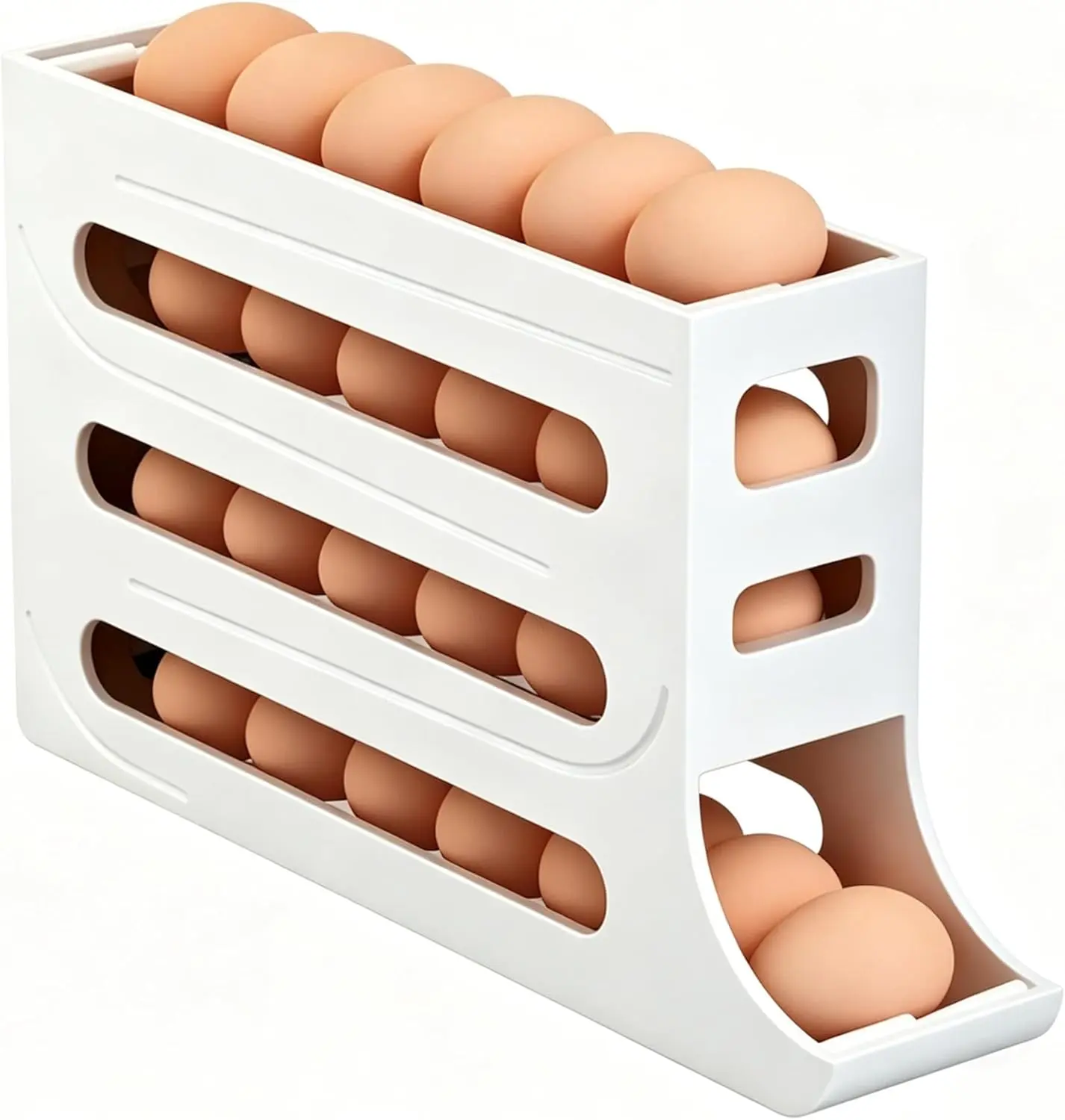 Automatic Rolling Egg Dispenser for Refrigerator, 4-Tier Large Capacity Egg Holder for Fridge, Stores up to 28 Eggs, Slim Gravity Fed Egg Organizer, No Assembly（White）