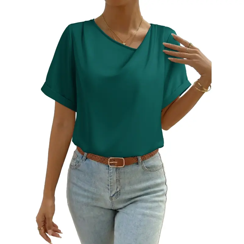 Dokotoo Women's Summer Short Sleeve Business Casual Tops 2026 Asymmetrical Neck Spring Work Dressy Shirts Blouses Shortsleeve