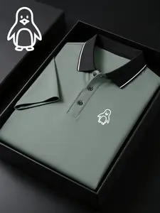 Men's Quick-Dry Polo Shirt with Penguin Print, Comfortable Breathable Fabric, Durable Stretch, Sporty Style, Short Sleeve