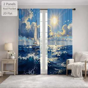 2Pcs Nautical Ocean Seascape Sailboat Sun Blocking Curtains Digital Printed Rod Pocket, Window Treatment For Bedroom Office Kitchen Living Room Study Home Decor