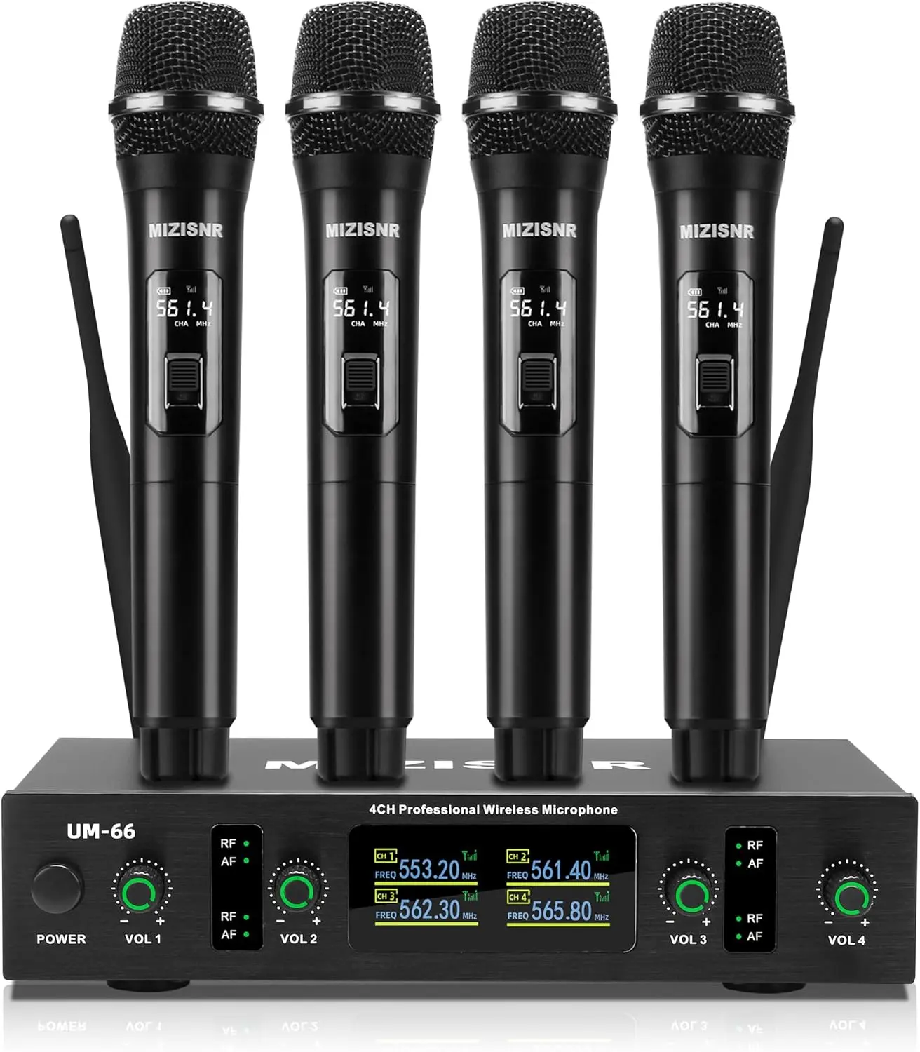 UHF 4-Channel Wireless Microphone System - Cordless Handheld Dynamic Mics with Up to 300ft Transmission, Auto-Connection, Metal-Plastic Receiver, Cable, Adapter, Plug-and-Play, Connection Protection, 1x User Manual for Karaoke, DJ Party
