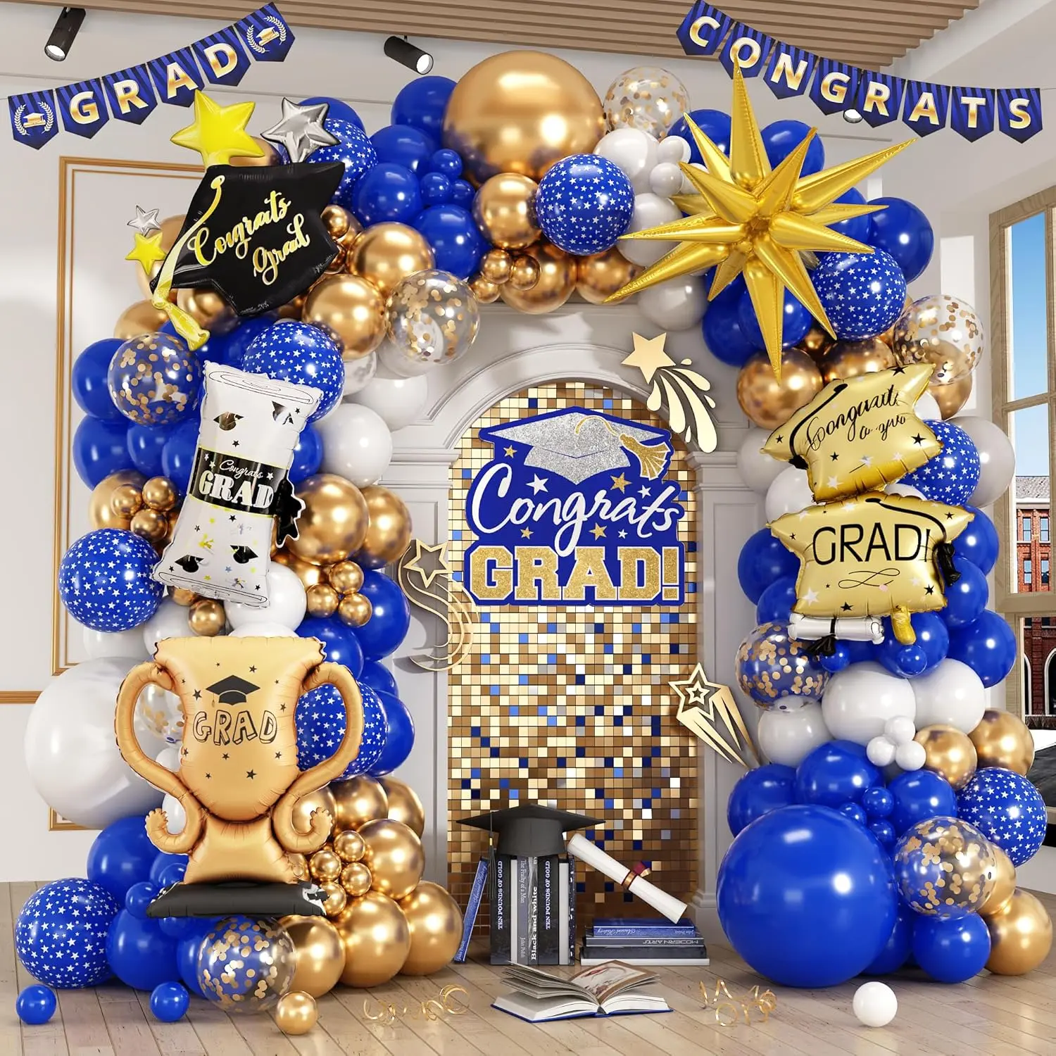 2026 Royal Blue Gold White Graduation Balloon Arch Set with Explosion Star, Diploma, Trophy, Grad Hat Foil Balloons, Photo Set for Class of 2026 Graduate Celebration Party Decorations (Blue)