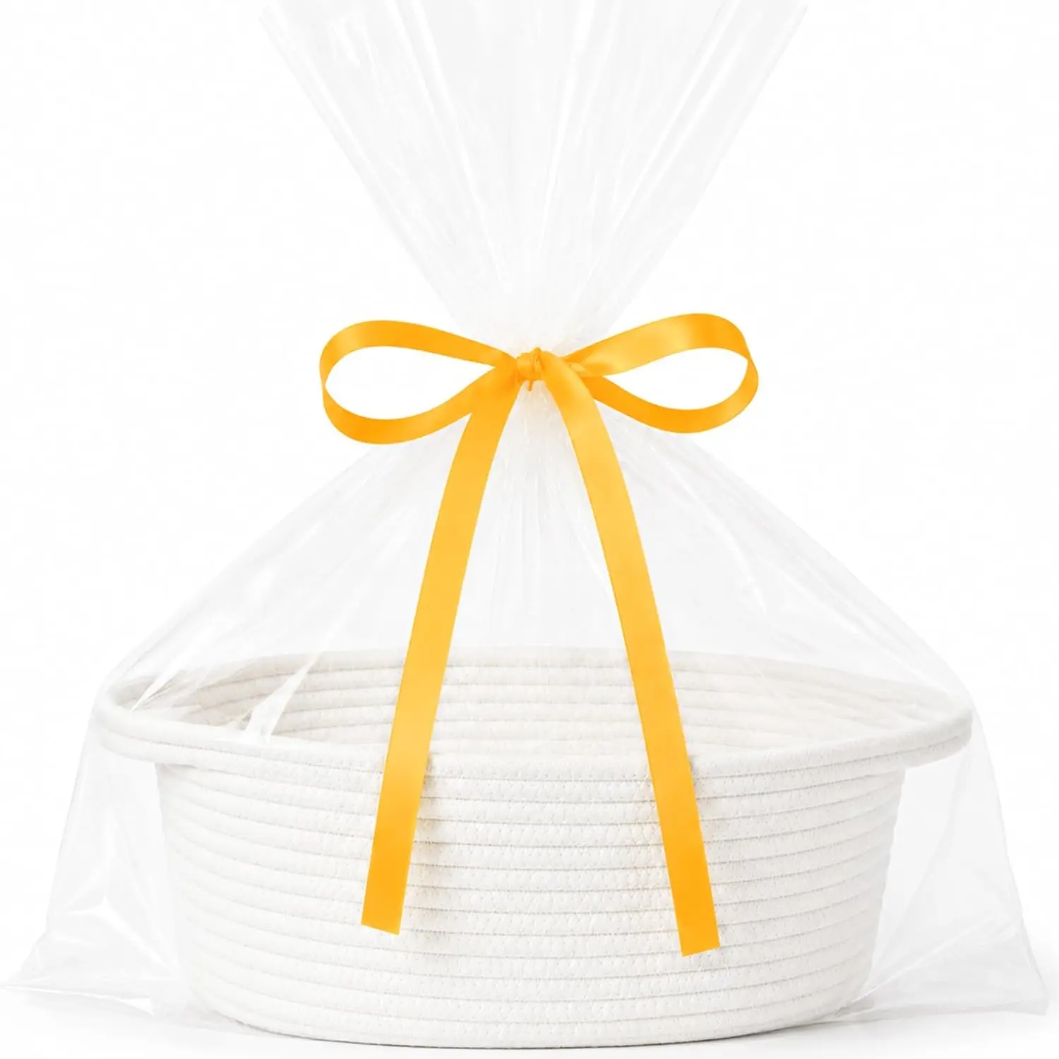 White woven gift basket with transparent bag and ribbon - 12 inches x 8 inches x 5 inches cotton rope hand-held decorative gift basket - Soft storage, suitable for storing baby toys and daily items