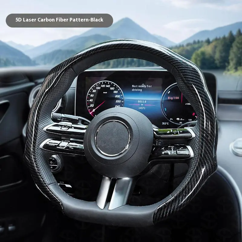 Light Luxury 5D Carbon Fiber Pattern Steering Wheel Cover, Anti-Skid Wear Resistant Ultra Thin 3D Half Cover, Snap On Installation Sporty Car Steering Protector all-season universal fit laser