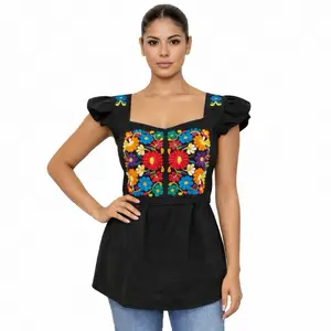 Cecy Blouse - Women's Embroidered Top with Ruffle Sleeves and Floral Design Mexican Elegant Shirt - Handcrafted Multicolor Embroidery Blouse - Womenswear