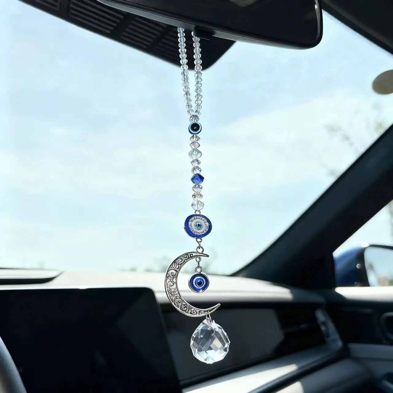 Blue Devil Eye Car Hanging Decoration, Enamel Stone Moon Crystal Pendant, Car Interior Accessories, Rearview Mirror Charm, Car Ornament, Vehicle Decoration, Car Accessory, Car Decorations