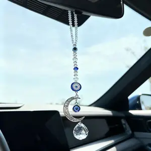 Blue Devil Eye Car Hanging Decoration, Enamel Stone Moon Crystal Pendant, Car Interior Accessories, Rearview Mirror Charm, Car Ornament