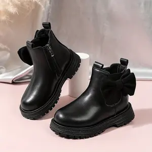 1 Pair of Girls' Children's Boots, Bow Tie with Fleece, Black, Lightweight