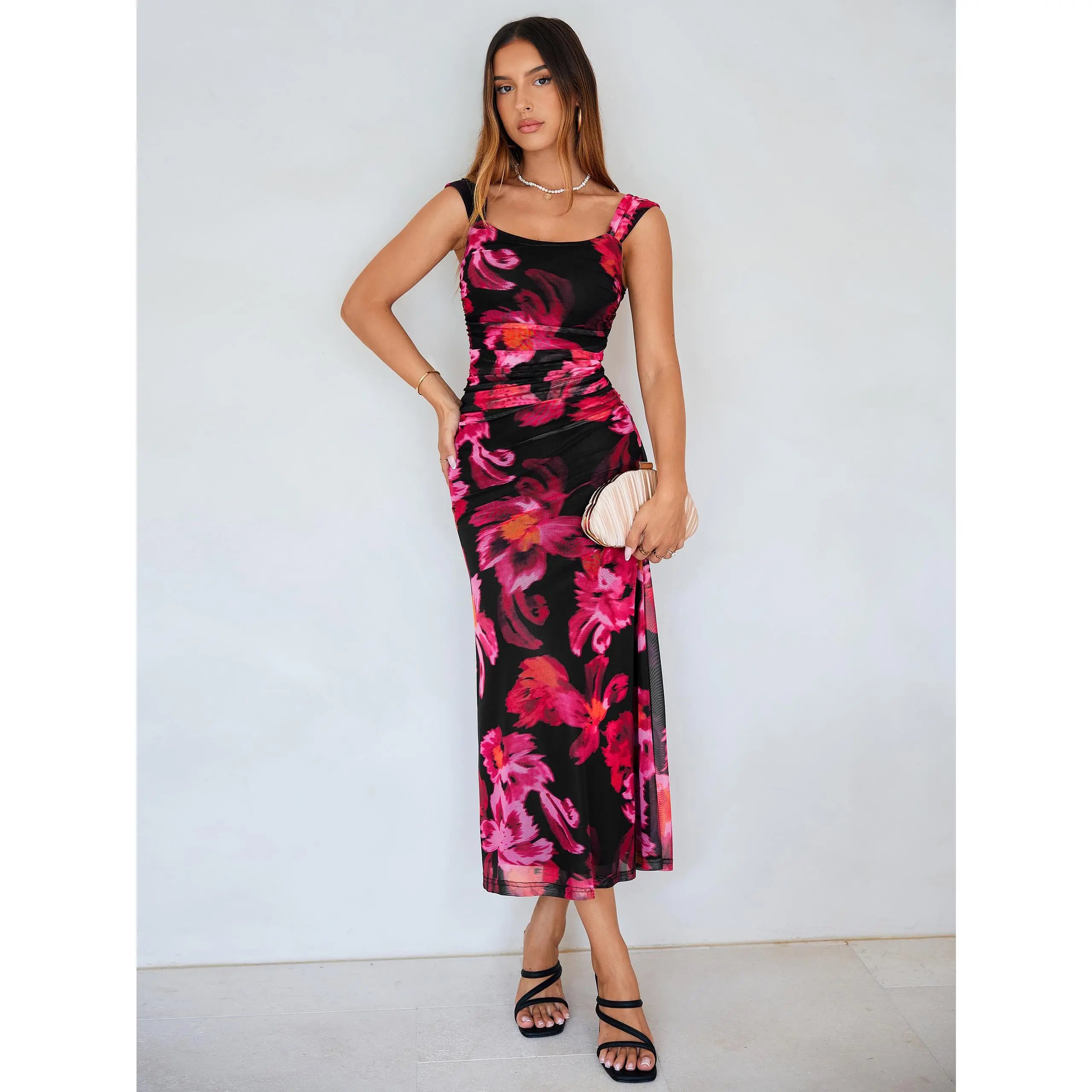 Simplee Semi-formal Floral Maxi Dress | Sexy Mesh Ruched Bodycon Dress | Elegant Sleeveless Wedding Guest Gown