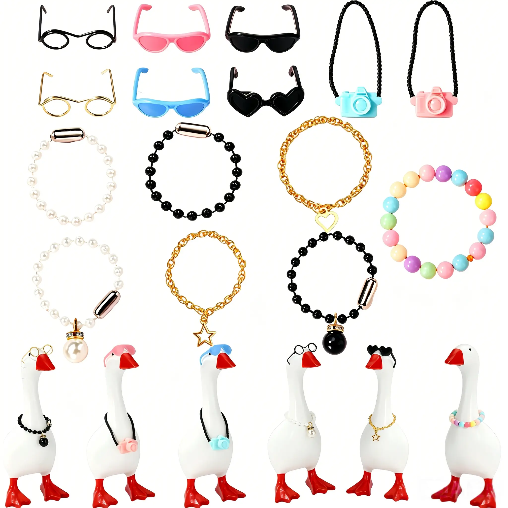 Plastic 15pcs 7in Colorful Desk Goose Outfits Set - Mini Porch Goose Accessories with Sunglasses, Camera, Pearl Pendant, Necklaces, Collar, Heart, Star, Gold Chain, Photo Props for Magnetic Table Geese Statue Decor (Ideal Gift), Lightweight, Playful