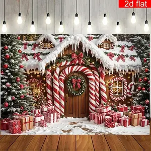 Christmas Cottage & Candy Cane Polyester Backdrop Banner, Durable Vivid No-Electricity-Needed Photo Backdrop, for Christmas Decoration, Ornaments, Standing Banner Home Wall Decor