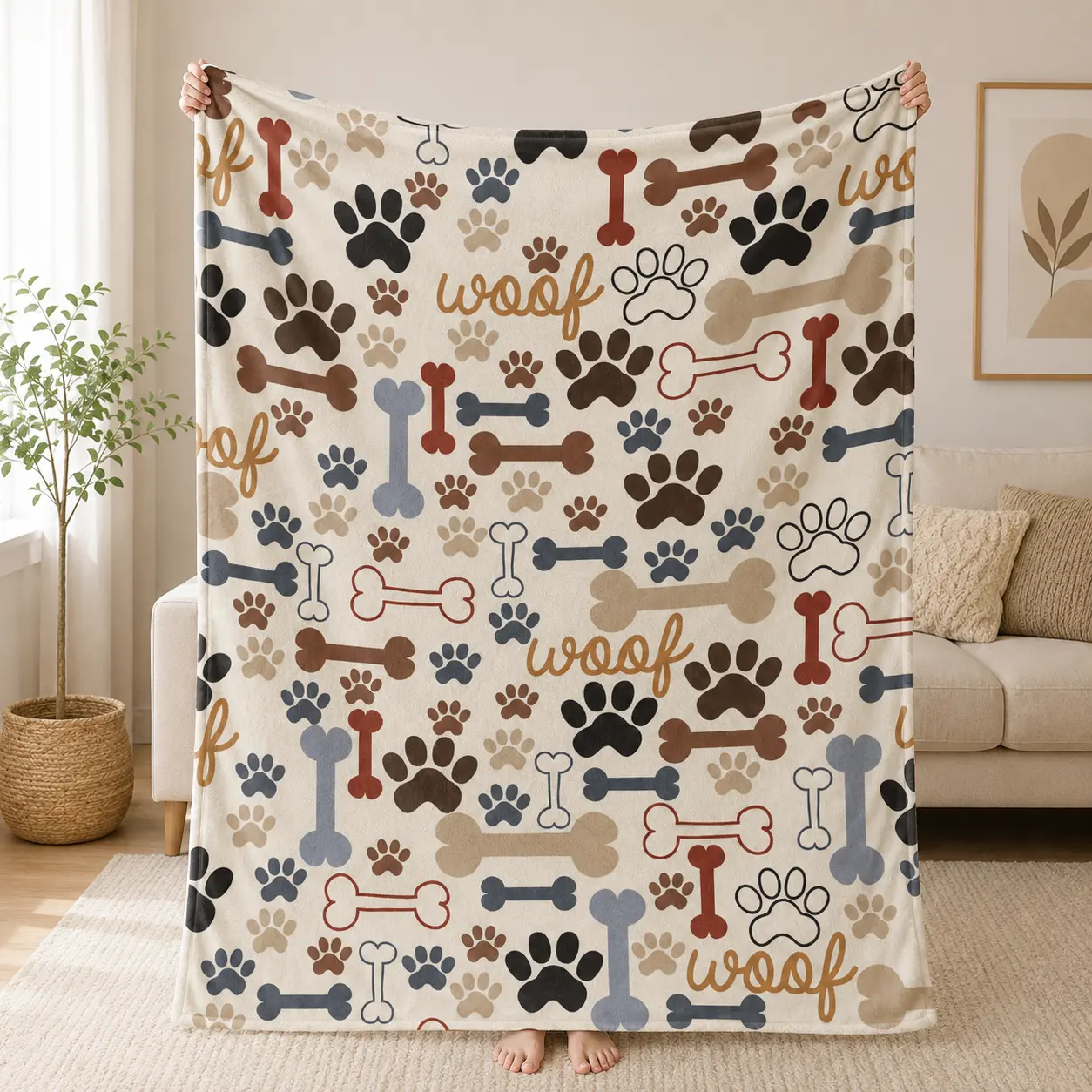 Vintage Multi Color Dog Paw & Bone Woof Text Print Throw Blanket Super Soft Warm Flannel Blanket Perfect for Dog Mom Bedroom, Sofa Throw & Pet Lover Birthday Gifts