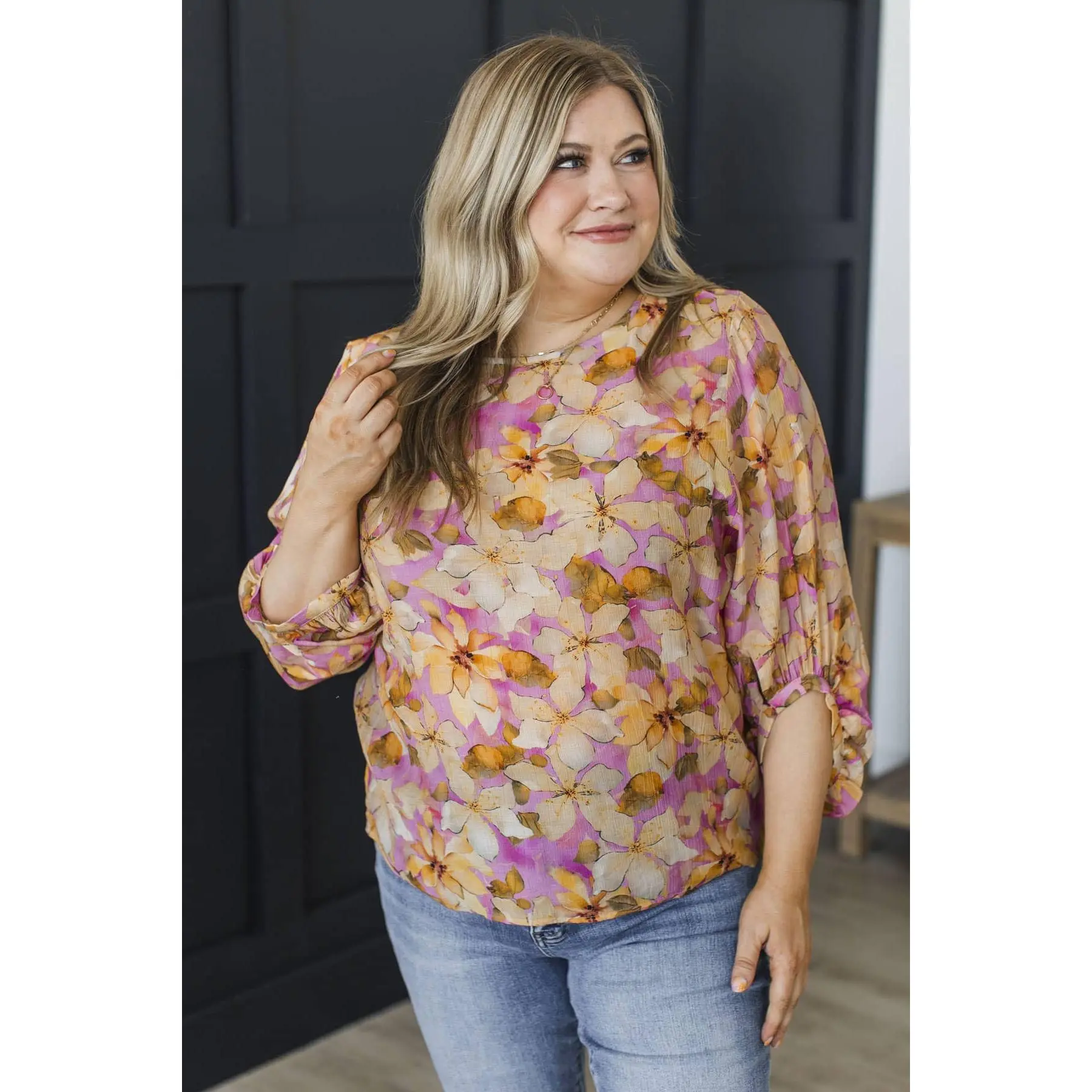 Be Radiant Balloon Sleeve Floral Blouse- Pink & Pale Yellow