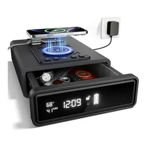 ORARAER  Biometric Smart Gun Safe with Wireless Charging for Phone&Watch, 3 Quick Access Stopbox with Fingerprint Backlit Keypad - Compact Bedside Drawer Safe with LED Light, 24/7 Digital Clock handgun safe