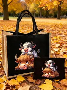 Fashion Highland Cow Print Handbag Set, Includes Makeup Bag, Large Capacity Travel Storage Bag, Commuter Shoulder Bag, Durable Strap, Portable Lightweight
