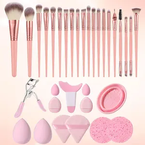 Makeup Tool Set, 33pcs/set Makeup Brushes Kits Sponges & Puffs Makeup Tool, with Eyelash Curler, Face Cleaning Puff, Brush Cleaning Pad & Applicator