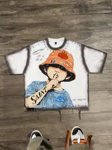 2026 Summer New Short Sleeve Men's Loose Fit T-Shirt with Washed Water Spray Color Bleeding Ripped Graphic Print Cartoon Boy Flair Ripped Fashion Shirt Short Sleeve Streetwear Casual Y2K European American Trendy Brand