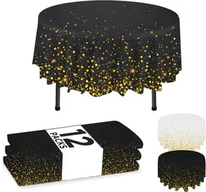 12-Pack Black Disposable Tablecloths, 84" Round Table Cover, Plastic Table Cloth With  CONFETY