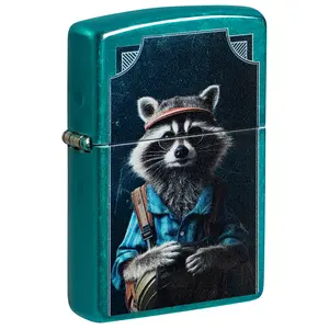 Zippo Refined Raccoon Design Translucent Candy Teal Pocket Lighter - Made in USA