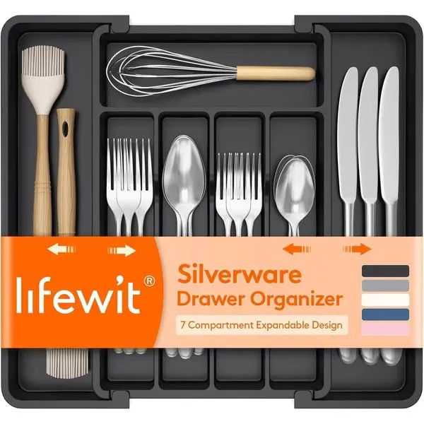 Lifewit Expandable Silverware Drawer Organizer, Kitchen Utensil Tray BPA-free Plastic Flatware Cutlery Holder, Space-Saving Storage for Spoons Forks Knives, 8-13.8 x 11.2 x 1.4“, Black