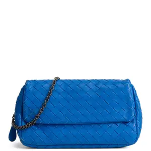 Pre-owned BOTTEGA VENETA Intrecciato Woven Lambskin Leather Crossbody Bags Intrecciato Chain Flap Crossbody Blue