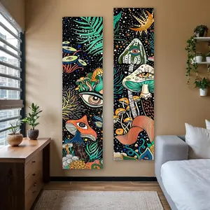 Mushroom Eye Pattern Vertical Banner Tapestry Wall Mural, 2 Counts/set Colorful Plants Pattern Wall Hanging, Wall Decor for Home Living Room Bedroom
