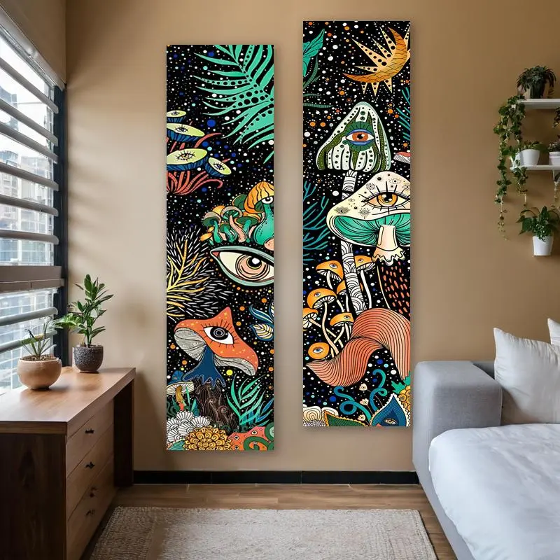 Mushroom Eye Pattern Vertical Banner Tapestry Wall Mural, 2 Counts/set Colorful Plants Pattern Wall Hanging, Wall Decor for Home Living Room Bedroom Decoration Design