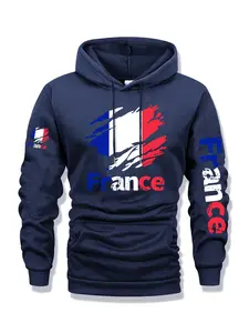 Men's France Print Zip Hoodie, Fall & Winter Casual Regular Fit Long Sleeve Sweatshirt, Fashion Daily Wear Clothing